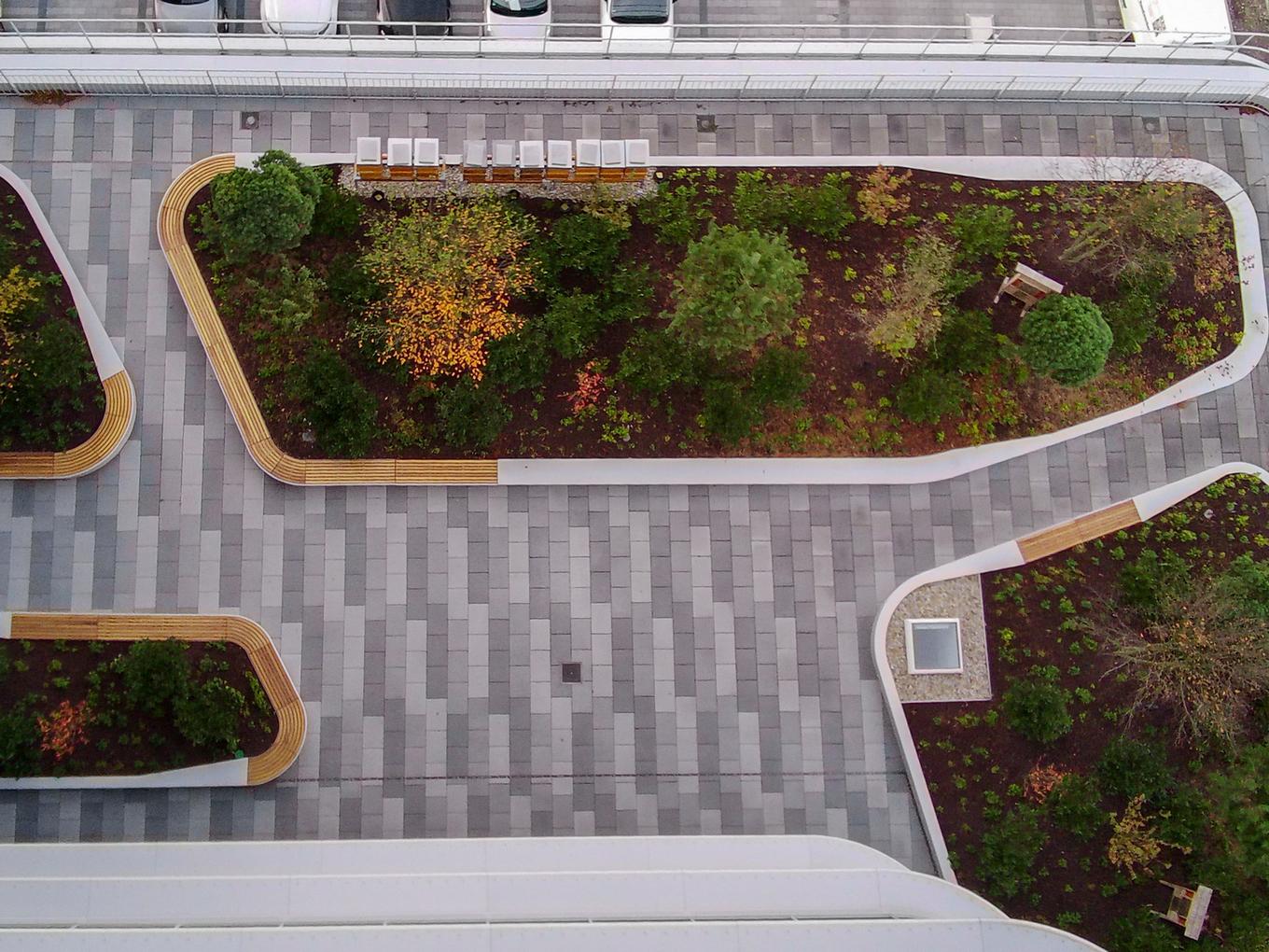 Donautower, Ingolstadt, Shape Hochbeete auf Dachgarten