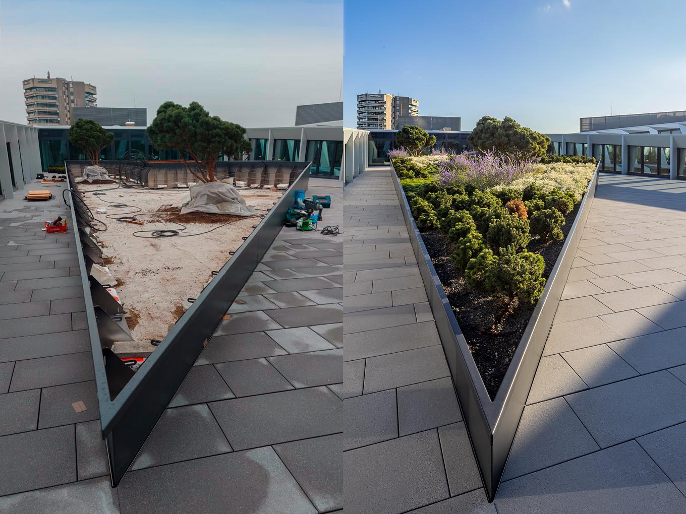 Referenz: OnePlaza Düsseldorf, Shape Hochbeete auf Dach, Vergleich: Einbau und fertiggestellt